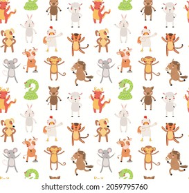 Twelve animals of Asian zodiac seamless pattern on white. Cute cartoon eastern astrological signs. Hand drawn vector illustration. Flat style design. New Year background, paper, wallpaper, package.