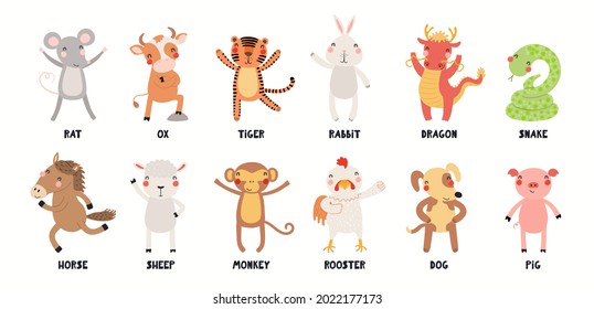 Twelve animals of Chinese zodiac, cute cartoon Asian astrological signs collection, isolated on white. Hand drawn vector illustration. Flat style design. New Year card, banner, horoscope element. svg