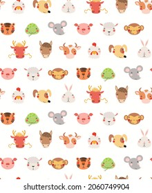 Twelve animals of Chinese zodiac faces seamless pattern on white. Cute cartoon Asian astrological signs. Hand drawn vector illustration. Flat style design. New Year background, wallpaper, package.