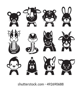 Twelve Animals Chinese Zodiac Signs Icons Set, Monochrome, Horoscope, Astrological, Constellation, Eastern, Fortunetelling