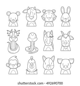 Twelve Animals Chinese Zodiac Signs Outline Icons Set, Horoscope, Astrological, Constellation, Eastern, Fortunetelling