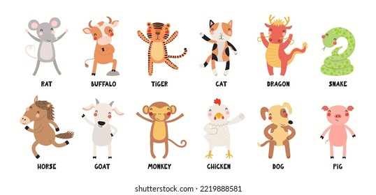 Twelve animals of Vietnamese zodiac, cute cartoon Asian astrological signs collection, isolated on white. Hand drawn vector illustration. Flat style design. New Year Tet card, banner, poster element.