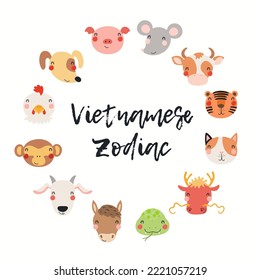 Doce animales de zodiaco vietnamita, tierno dibujo de colección de signos astrológicos asiáticos, aislados en blanco. Ilustración vectorial dibujada a mano. Diseño de estilo plano. Tarjeta de prueba de Año Nuevo, pancarta, elemento de afiche.