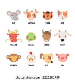 Twelve animals of Vietnamese zodiac, cute cartoon Asian astrological signs collection, isolated on white. Hand drawn vector illustration. Flat style design. New Year Tet card, banner, poster element.