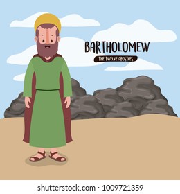 the twelve apostles poster with bartholomew in scene in desert next to the rocks in colorful silhouette