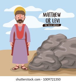 the twelve apostles poster with matthew or levi in scene in desert next to the rocks in colorful silhouette