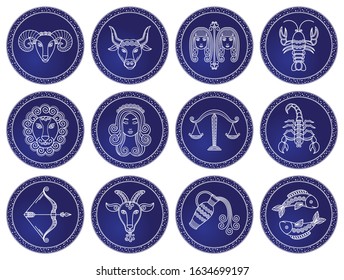 Twelve astrological signs. Icons of aquarius and gemini, virgo and scorpio, cancer and taurus, aries and libra, leo and pisces, capricort and sagittarius. Vector illustration of zodiacs in flat style