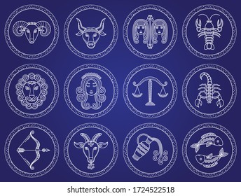 Twelve astrological signs. Icons of aquarius and gemini, virgo and scorpio, cancer and taurus, aries and libra, leo and pisces, capricort and sagittarius. Vector illustration of zodiacs in flat style