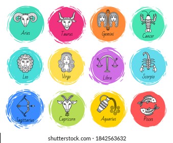 Twelve astrological signs. Icons of aquarius and gemini, virgo and scorpio, cancer and taurus, aries and libra, leo and pisces, capricort and sagittarius. Vector illustration of zodiacs in flat style