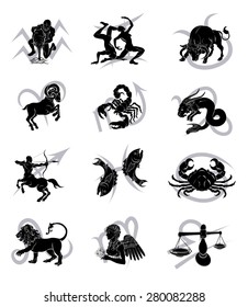 The twelve astrology horoscope signs of the zodiac. Aquarius Gemini Taurus Aries Scorpio Sagittarius Capricorn Pisces Cancer Leo Virgo and Libra
