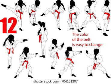 Twelve Baby Karate Silhouettes of Boys and Girls Isolated on White Who Easily Change the Color of the Belt