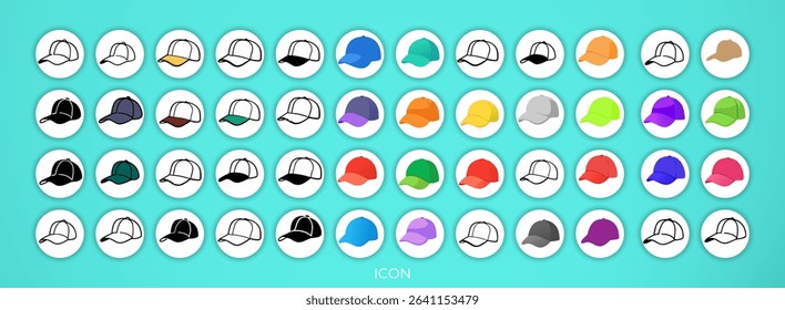 Twelve baseball caps of various colors are arranged in a grid pattern on a white background. The caps are simple, cartoonish representations, with solid colors and a consistent style.  The caps are po
