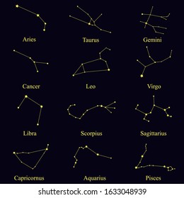 Twelve beautiful zodiac constellations. Aries, Taurus, Gemini, Cancer, Leo, Virgo, Libra, Scorpio, Sagittarius, Capricorn, Aquarius and Pisces.