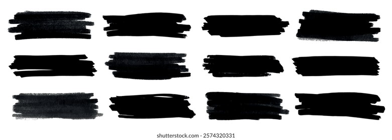 Twelve black brush strokes on a white background. Each brush stroke varies in texture and shape, creating a bold, artistic effect. Perfect for design projects. Creative elements, vector set.