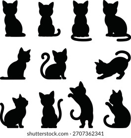Twelve Black Cat Silhouettes in Various Poses white