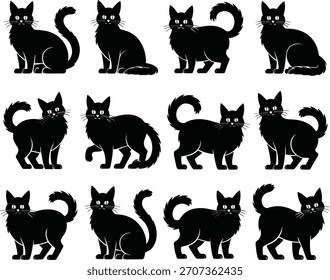 Doce siluetas de gato negro en varias poses animales