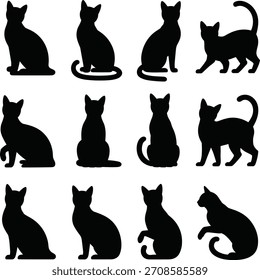 Twelve black cat silhouettes in various poses animal