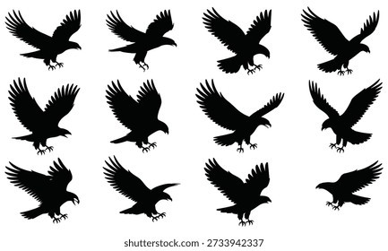 Doce siluetas de águila negra en varias posiciones de vuelo con alas extendidas y garras afiladas están dispuestas sobre un fondo blanco, mostrando diversos patrones de vuelo y ángulos, creando una colección visualmente atractiva y dinámica.