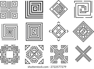 Doce patrones abstractos geométricos negros sobre blanco.