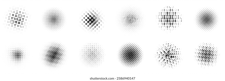 Twelve black halftone circles display varying dot patterns, creating diverse gradients and textures on a white background, showcasing the classic pop art effect in a minimalist style.