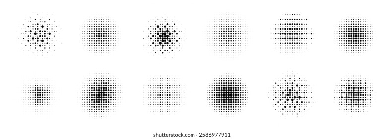 Twelve black halftone circles display varying dot patterns, creating diverse gradients and textures on a white background, showcasing the classic pop art effect in a minimalist style.