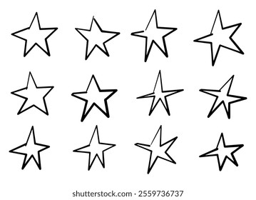 Twelve black hand-drawn stars in various orientations, outlined with irregular shapes, creating a playful and artistic design on a white background.