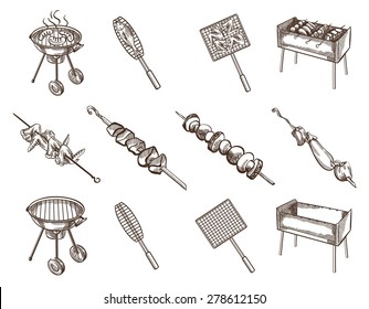 Twelve black images of  barbecue grill  theme on white background