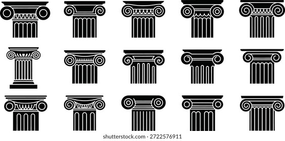 Twelve Black Ionic Column Capitals and Pillars in Grid Keywords column, capital, ionic, greek, roman, architecture, ancient, pillar, support