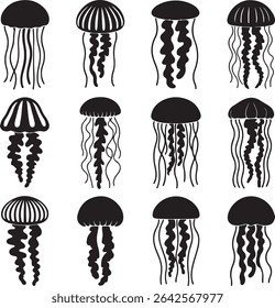 Doze silhuetas de água-vivas pretas contra um fundo branco Cada água-viva tem um estilo único de sino e tentáculo criando uma coleção diversificada de ilustrações da vida aquática