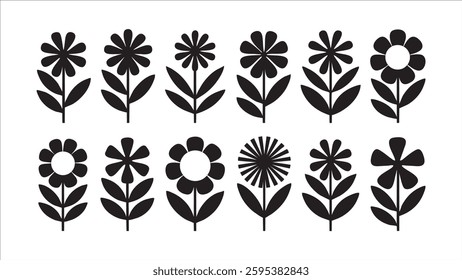 Twelve Black Silhouettes of Simple Flower Designs
