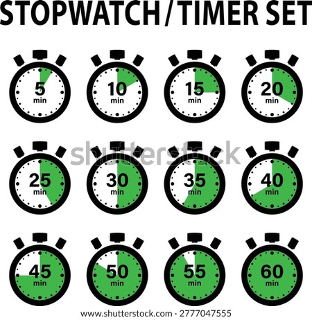 Twelve black stopwatch icons with green circular progress indicators. Each icon represents a different time interval ranging from five to sixty minutes. Ideal for productivity apps, fitness tracking, and corporate project management presentations. High-quality flat design for digital and print media.