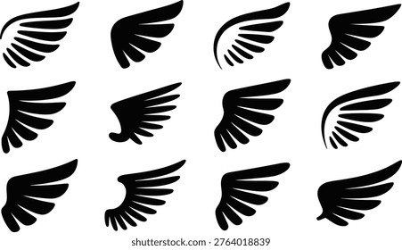 Twelve black stylized wing silhouettes arranged in three rows and four columns, showcasing varied artistic feather designs and abstract curvature.