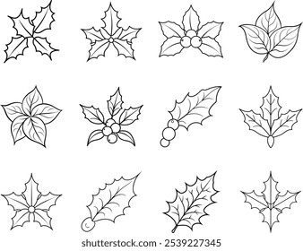 Twelve Black And White Holly Sprig Illustrations