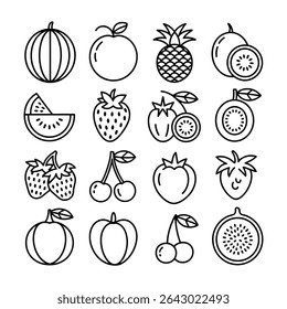 Doze desenhos de linha preta e branca de várias frutas, incluindo melancia morango abacaxi Kiwi Cherry e mais