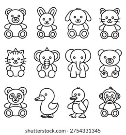 Twelve black and white line of stuffed animals and birds on a white background. The include a teddy bear, cat, dog, elephant, monkey, duck, and bird, all in a simple, clean, and minimalist......