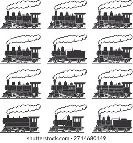 Doce trenes de vapor en blanco y negro con locomotora de humo