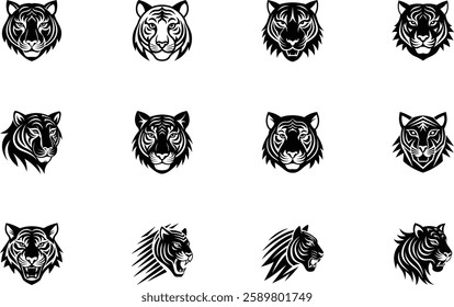 Twelve Black and White Tiger Head Designs Tribal, Graphic, and Wild