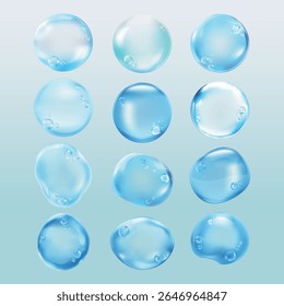 Doze bolhas de gel azuis com uma textura brilhante. Bolhas de gel em várias formas, cada uma com uma superfície brilhante e brilhante. Perfeito para cuidados com a pele ou temas cosméticos. Conjunto de vetores de elemento de bolha de sabão.