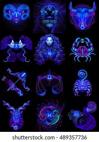 Twelve blue neon horoscope signs. Vector illustration on a black background