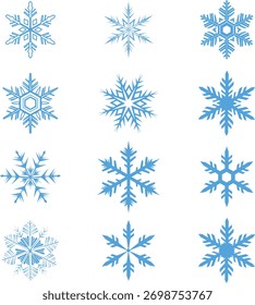 Doze flocos de neve azuis em um inverno de grade frio
