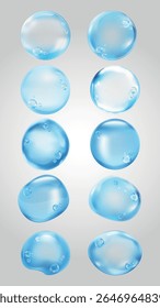 Doze gotas de água azuis em um fundo claro. As gotas de água variam em tamanho e forma. Gotículas azuis claras criam um efeito visual refrescante e suave. Conjunto de vetores de elemento de bolha de sabão.