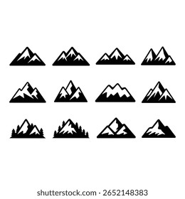 Doze negrito Black Mountain Peak ícones simples gráfico natureza ilustrações Aventura Viagem e exterior Branding
