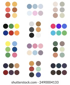 Twelve bright and muted colour palettes. Seamless pattern with colorful circles. Vector illustration