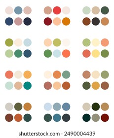 Twelve bright and muted colour palettes. Seamless pattern with colorful circles. Vector illustration