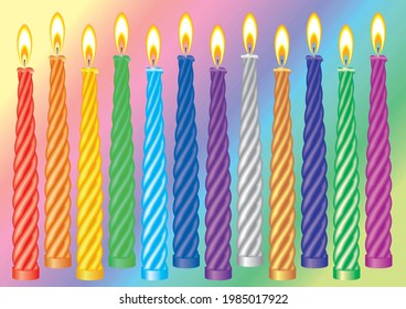 Twelve burning candles of various colors in vector format. For the decoration of parties, birthdays, holidays and other. 