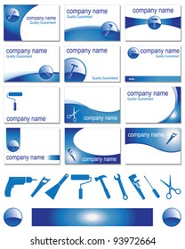 Twelve business card designs for different trades