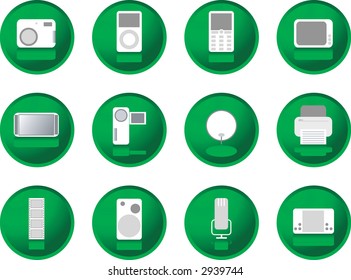 twelve buttons with gadget illustrated on them in green