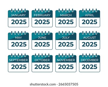 Twelve calendar icons displaying each month of the year for the year twenty twenty five