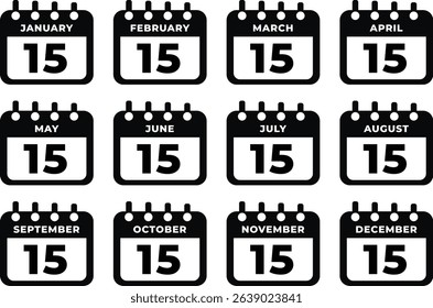 Twelve calendar icons showing the fifteenth of each month