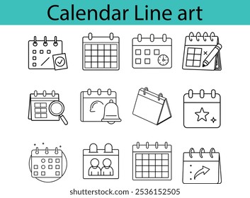 Twelve calendar line art icons depicting various organizational tasks like scheduling, reminders, deadlines, and events. Each icon is minimalist and easily recognizable.